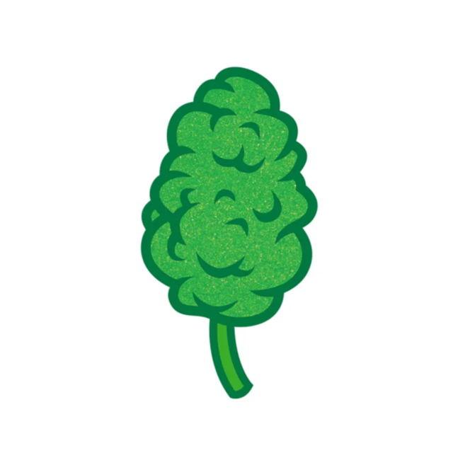 Stylized illustration of the Wood Rocket-Nug Pin, a green broccoli floret with a simple, cartoonish design and outlined in darker green. Reminiscent of an enamel pin, it showcases a textured swirl pattern against a plain white background, adding a playful