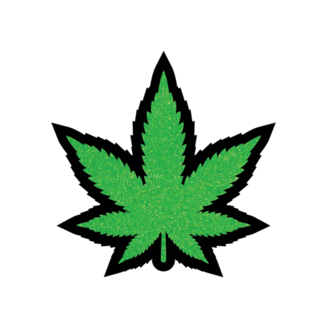 Presenting the Wood Rocket-Green Glitter Leaf Pin: A textured, sparkling illustration of a green seven-pointed marijuana leaf with a black outline set against a white background, bringing 420 pride to life with its eye-catching enamel pin design.