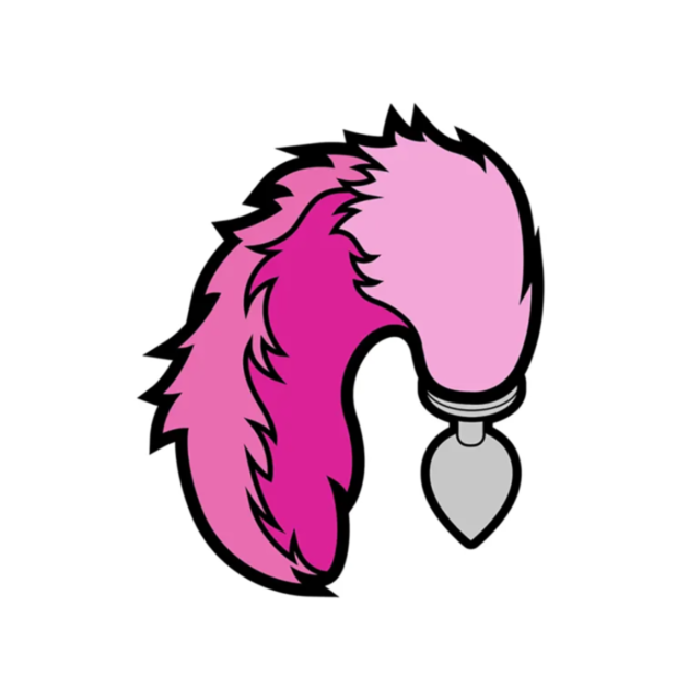 An illustration of the Wood Rocket-Tail Butt Plug Pin, featuring a fluffy pink tail and a sleek plug at one end, set against a plain white background.