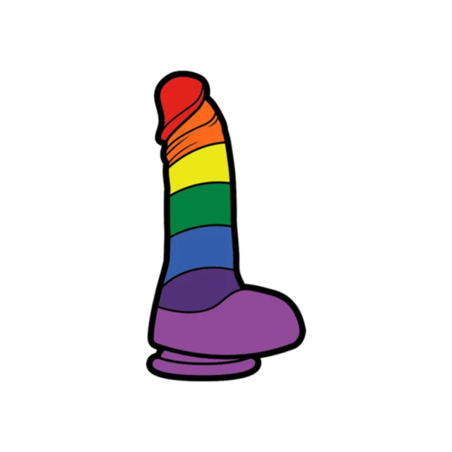 Illustration of a Wood Rocket-Rainbow Dildo Pin featuring vibrant stripes, symbolizing LGBTQ+ pride, on a white background.
