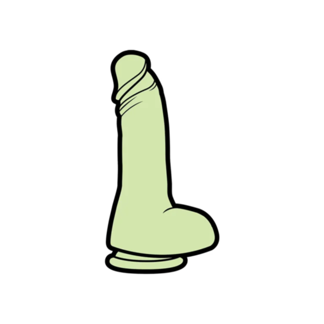 A depiction of the Wood Rocket-Glow-In-The-Dark Dildo Pin, featuring a green cylindrical shape with a rounded top and wider base, set against a plain white background.