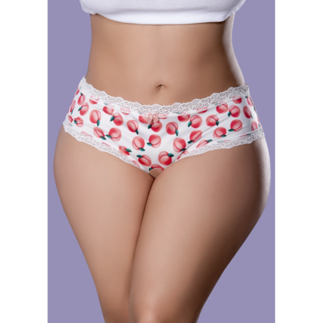 A graphic of a rocket launching, surrounded by stars and a planet, on a green background with the text Crotchless Boy Short w/ Lube Peach QS above it, evokes the feel of this product orbiting in an imaginative cosmos.