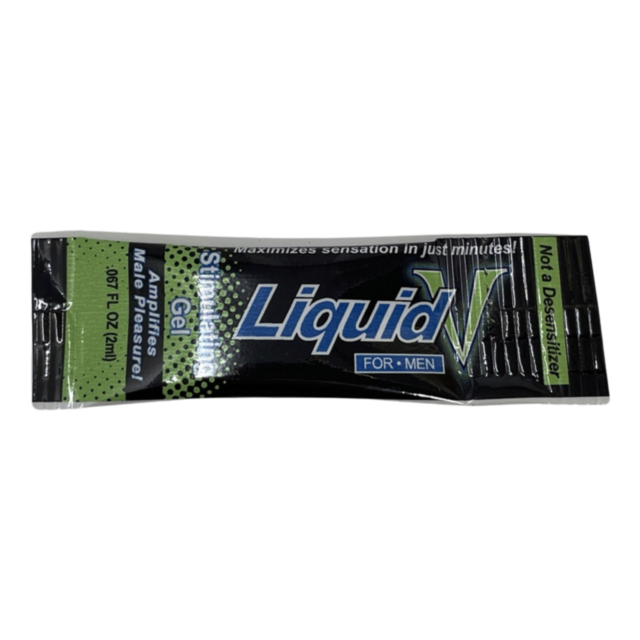 A small packet labeled Liquid V For Men Stimulating Gel Pillow Pack contains a gel designed to enhance sensation in just minutes. The black packet features green and blue text, indicating that it is not a desensitizer.