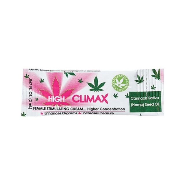A pillow pack for High Climax Female Stimulating Cream features a gray rocket icon with a trail and a circular backdrop containing stars and a sun, all set against a green background. The top of the package includes the text "No Image," evoking its vibran
