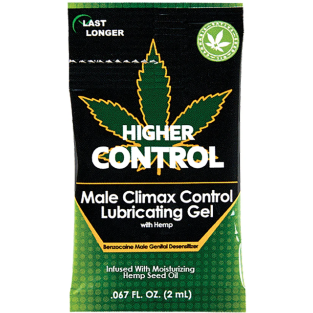 A small packet of Higher Control Male Climax control pillow pack features black packaging adorned with a large green cannabis leaf and gold accents. It contains benzocaine and hemp seed oil, with text highlighting that it helps you last longer and is infu