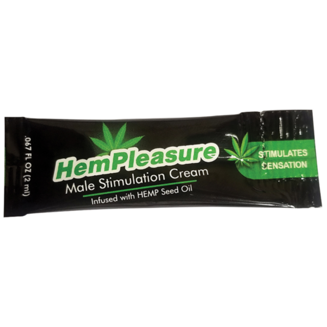 A black and green sachet labeled "Hemp Pleasure Male Stimulation Cream Pillow Pack" featuring a hemp leaf graphic, indicates that it is infused with hemp seed oil to enhance sensation. The package size is 0.67 fl oz (2 ml).