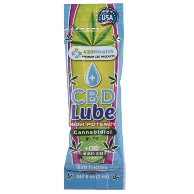A colorful sachet featuring cannabis leaf illustrations, labeled as CBD Lube Anti Friction Pillow Pack from 420Health, boasts High Potency Cannabidiol. The packaging emphasizes being THC-free, CBD-infused for anti-friction benefits, and proudly made in th