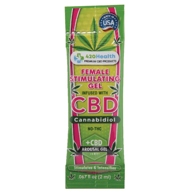 A sachet of CBD Female Arousal Gel Pillow Pack in green packaging showcases Made in USA, Cannabidiol, NO-THC, and .067 fl oz (2 ml) with leaf graphics.