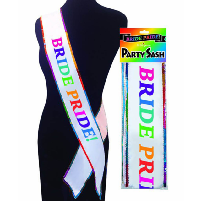 This graphic showcases a rocket ship icon with stars, representing space exploration, set against a rainbow-colored backdrop with the words "Bride Pride Sash" at the top.