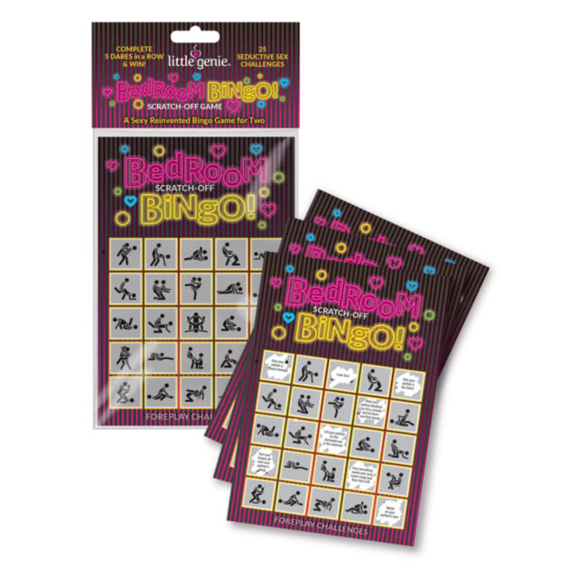 A gray circle featuring a rocket and stars suggests an adventurous couples activity ready to launch—perhaps the playful foreplay game, Bedroom Bingo.