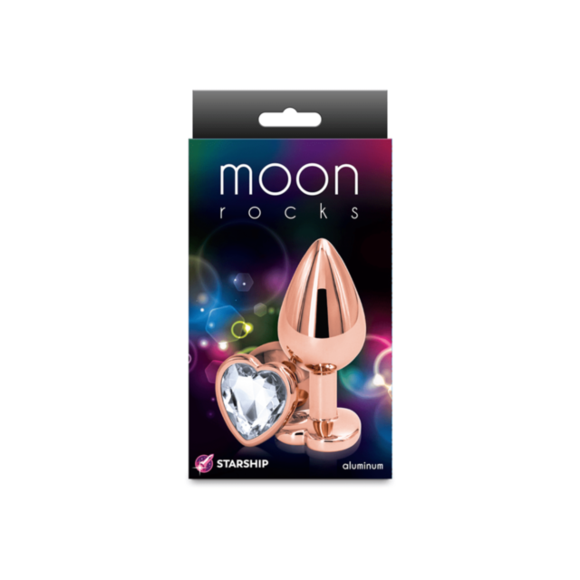 The Starship Moon Rocks-Rose Gold Heart-Small-Clear features a stylized depiction of a small rocket ship launching amidst stars and a planet on a green background. Charming rose gold heart accents enhance the celestial scene, with the words 'No Image' dis