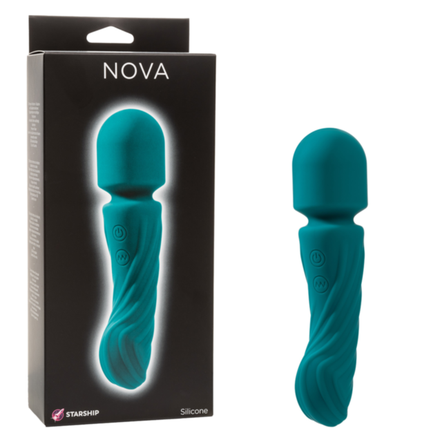 A teal silicone wand personal massager with a textured handle and rounded head is shown beside its packaging. The black box displays the product image with Starship Nova at the top, emphasizing its intense vibration features.