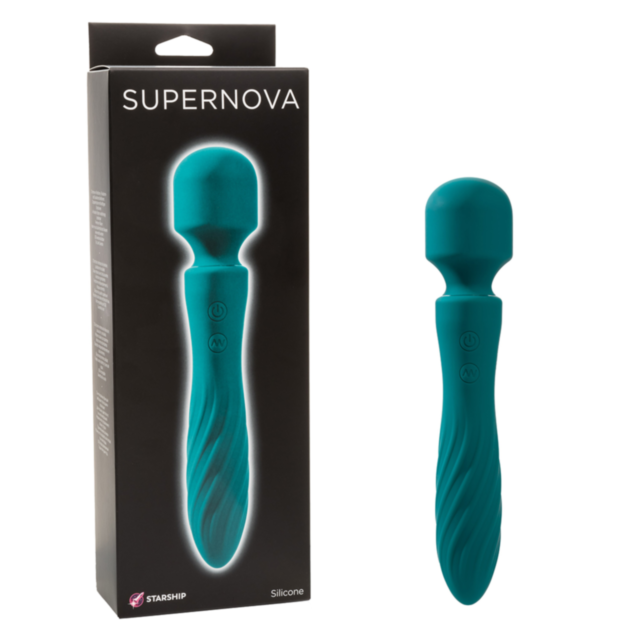 The teal silicone Starship Super Nova massager features a textured handle and a rechargeable, water-proof design. Nestled next to its sleek black packaging, it showcases its image on the box for the ultimate experience.