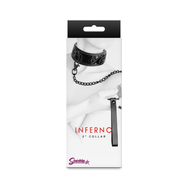 The image displays the Starship Inferno - 2 Collar - Black by Sex & Mischief, featuring a sleek black collar with an adjustable chain. A hand grips the leash, and bold red and purple text contrasts with the monochrome design.