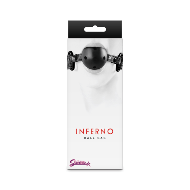 The Starship Inferno - Ball Gag - Black package features a black-and-white image of a persons mouth with an adjustable black ball gag. The brand Sinister is displayed, emphasizing its comfort for extended wear.