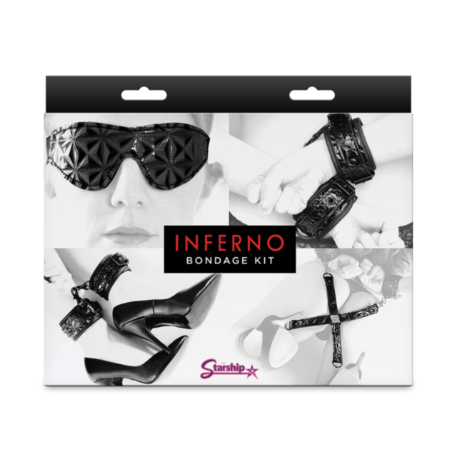 The Starship Inferno - Bondage Kit - Black features packaging with black and white images of a blindfolded person, exquisite restraints, high-heeled boots, and a cross, offering a tastefully designed BDSM experience. The Starship brand is prominently disp