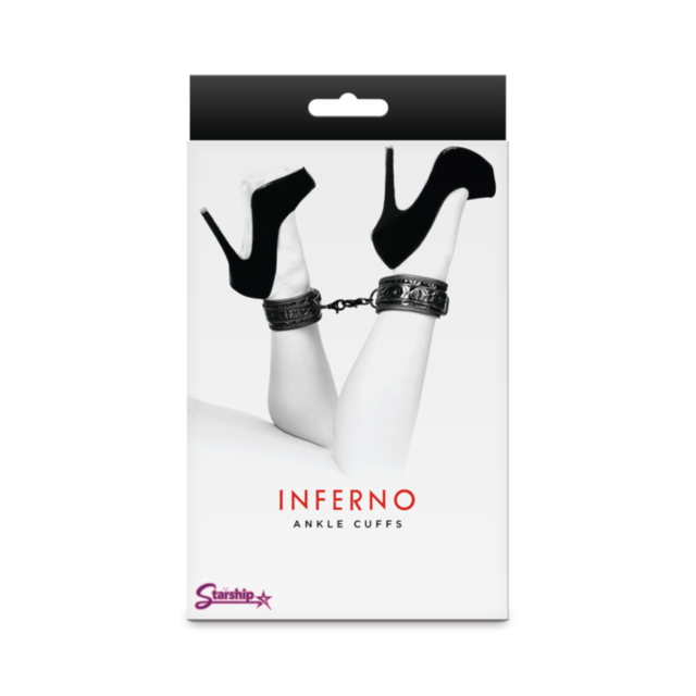 The Starship Inferno - Ankle Cuffs - Black features a graphic of a rocket inside a circle surrounded by stars on an emerald backdrop, with "No Image" at the top. Its customizable elements enhance its long-lasting appeal.