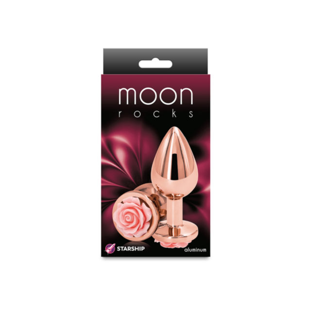 A graphic of a rocket launching into space, encircled within a circle, set against a soft pink background featuring the words "Starship Moon Rocks-Rose-Medium-Pink" above it.