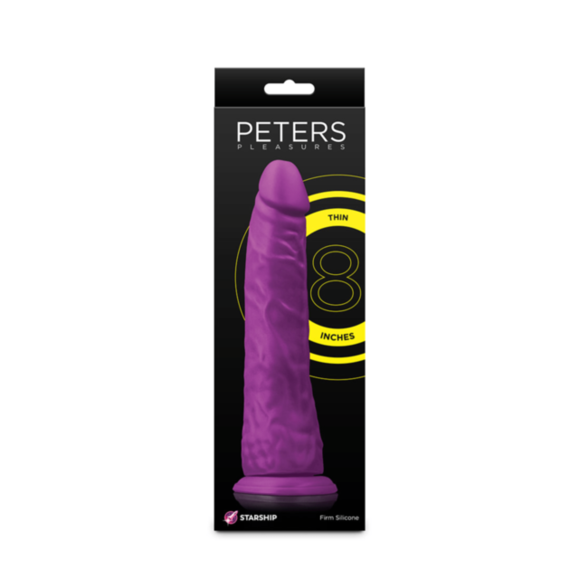 Graphic of a rocket inside a circle surrounded by stars, set against a green backdrop with "No Image" displayed above it. The design is accented with a satin finish that enhances its visual appeal. Product: Starship Peters Pleasures-Thin 8in Dildo-Purple.