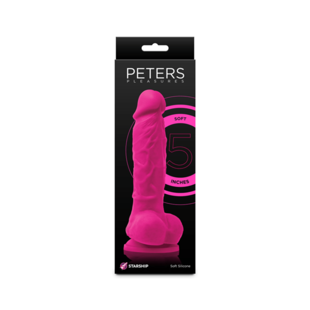 A pink background featuring a stylized white illustration of the "Starship PeterSoft-5in Soft Dildo" made from platinum-grade silicone, soaring through a circle. It's adorned with stars and includes the text "No Image" above it.