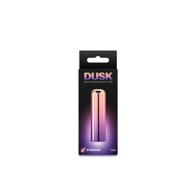 A stylized graphic of a rocket inside a circular badge captures the sleek design of the Starship Dusk Petite. The rocket, resembling a slim vibrator, ascends diagonally upwards with stars around it. Above, the words "No Image" appear against a green backg