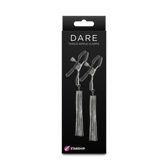 The Starship Dare - Tassle Clamps showcase an illustration of a rocket launching into space within a circle. The design is created in nickel-free metal tones and features stars and a planet, all set in a minimalist style against a green background with th