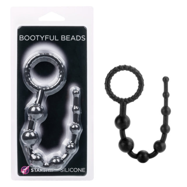 The packaging of Starship Bootyful Beads features black, body-safe silicone beads shown both inside and outside. These beads gradually increase in size and end with a looped handle for easy use.