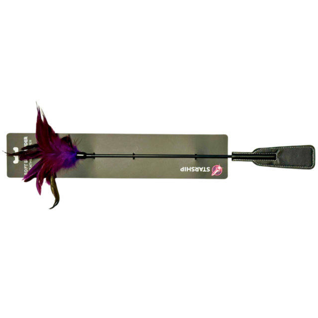 The Starship Feather Slapper features a riding crop with a black handle and flap end, enhanced by purple and red feathers at the top, crafting an enticing balance of pleasure and pain. It is presented in rectangular packaging marked with the STARSHIP labe