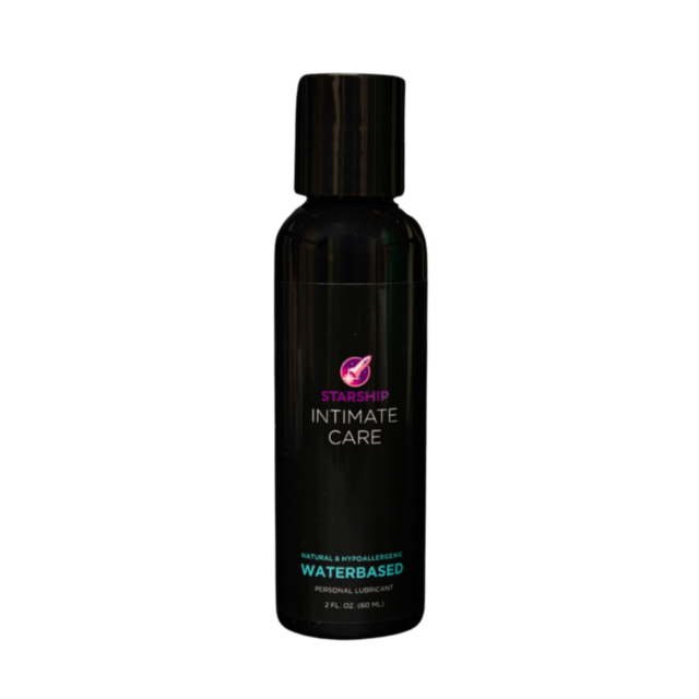 A 2 fl oz (60 ml) black bottle of Starship Intimate Care Natural & Hypoallergenic WB features a water-based lubricant free from glycerin and parabens, adorned with a pink icon resembling a stylized comet or star.