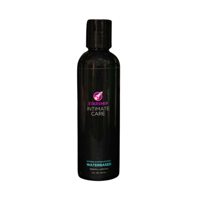 The Starship Intimate Care Natural & Hypoallergenic WB 4oz is a water-based personal lubricant in a sleek, black bottle, featuring natural ingredients.