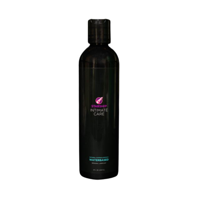The 8oz Starship Intimate Care features a sleek black bottle with a purple and white label, promoting natural feeling effects in turquoise text. Its a water-based lubricant with a pH-friendly formula, hypoallergenic for sensitive skin, all under a conveni