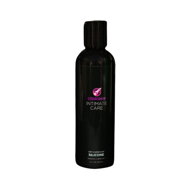 The bottle features a pink and purple logo labeled Starship Intimate Care with the text Soft & Smooth Hypoallergenic Silicone Personal Lubricant, offering a pH-friendly experience in a 4 fl oz size.