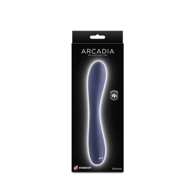 A sleek black product box features the Starship Arcadia, displaying an image of a purple silicone personal massager emphasized by its silhouette. The modern packaging highlights simple controls on the handle, capturing a design that feels as futuristic as
