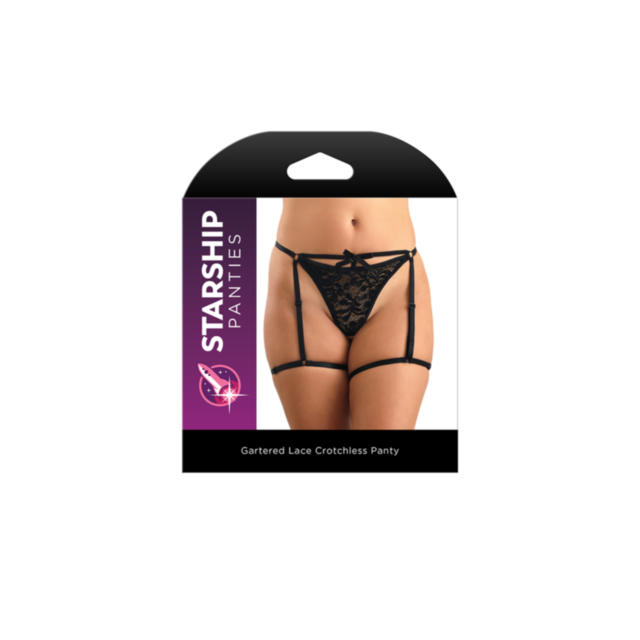 Packaging for Starship Panties - Gartered Lace Crotchless Panty M/L features a model in black lace crotchless panties with garters. The box displays the product name and a purple rocket label on the left side.