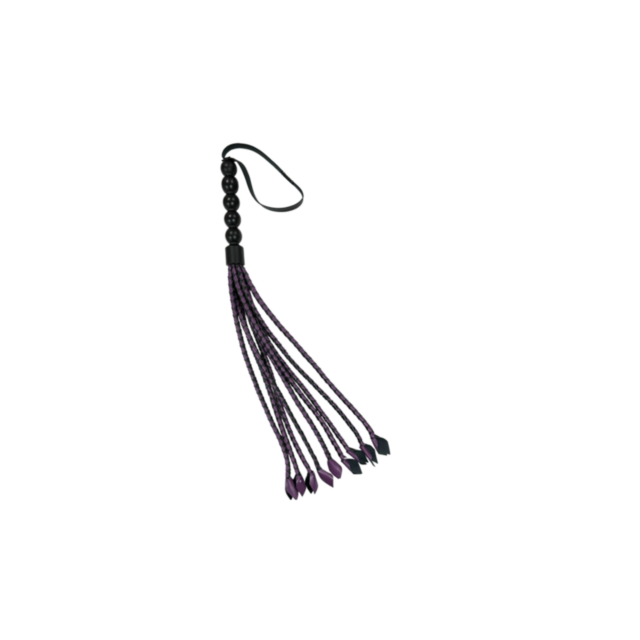 Introducing the Starship Soft Surrender - Braided Flogger in black and purple. It features multiple tails with pointed tips for enhanced sensation, an elegantly adorned handle with black beads, and a loop for easy hanging.