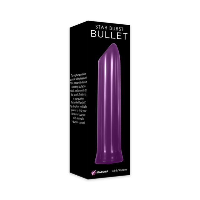 The Starship Star Burst Bullet - Purple, a phthalate-free, bullet-shaped vibrator in its packaging, stands out with its vibrant color and smooth texture. It is USB rechargeable for convenience, ensuring both safety and lasting pleasure.