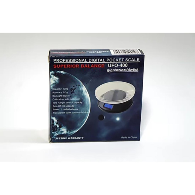 The UFO 400 Scale 400g x 0.1g, in a sleek black design, comes with a clear bowl on top and displays a blue digital readout showing 0.0.