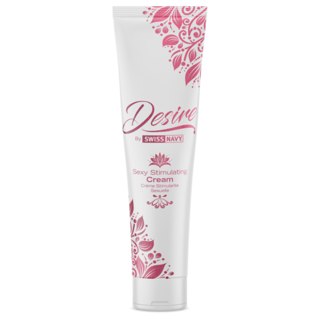 The label features a green background with a stylized rocket icon and stars, encircled, topped by the words "Desire Sexy Stimulating Cream 2oz" in bold text, suggesting an air of anticipation and sensual excitement.
