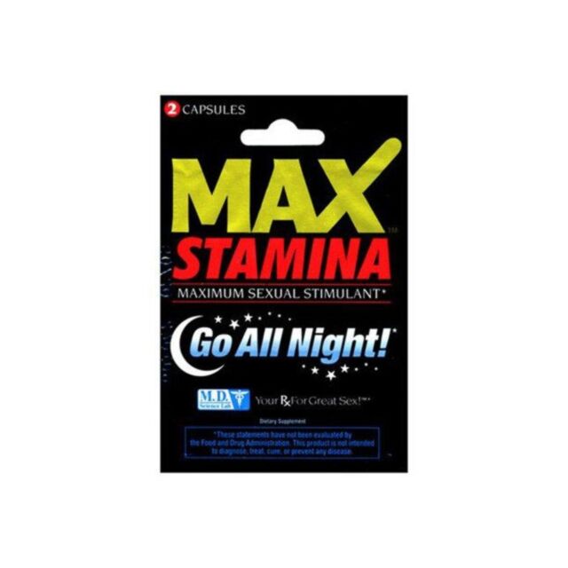 A circular emblem with a rocket launching into space surrounded by stars is centered against a solid green background, representing Max Stamina. Above the emblem, the text reads "Max Stamina 2ct.
