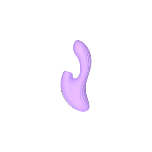A lavender square featuring a grey outline of a rocket launching into space, surrounded by stars, with the text "BFF-Ginger Tapping G-Spot Vibe" displayed above the rocket, reminiscent of dual motors powering up for lift-off.