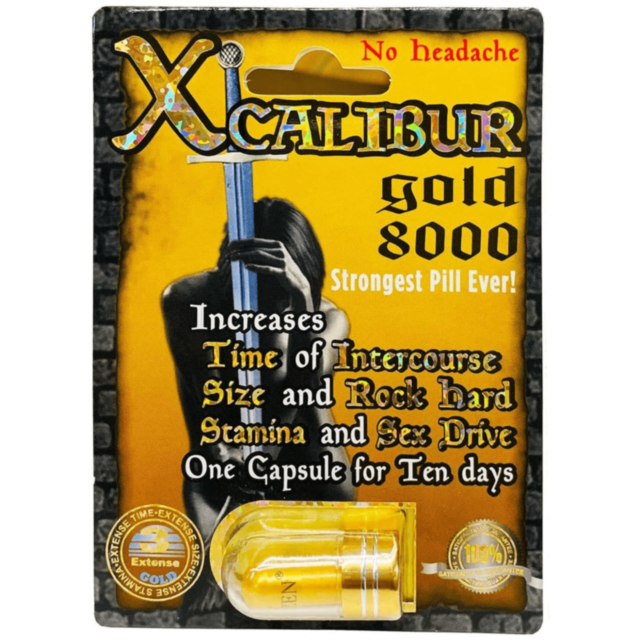 A placeholder image with a green background showcases a simple gray rocket icon pointing upwards, encircled by sparkles. Above the icon, the text reads "Xcalibur Gold 8000 1ct," symbolizing fast-acting innovation and long-lasting effects.