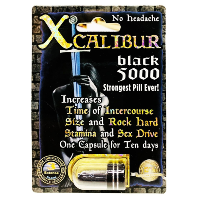 The Xcalibur Black dietary supplement features packaging that promotes its ability to enhance sexual activity by boosting duration, size, stamina, and sex drive. The label highlights that it is the most potent pill available without causing headaches—one 