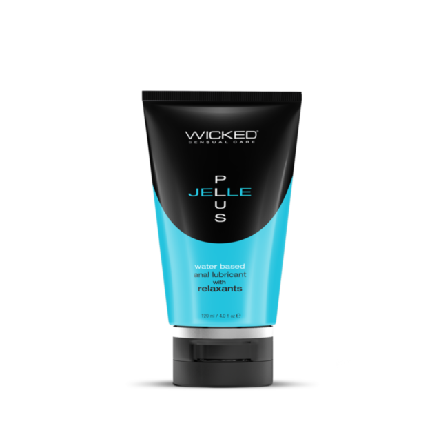 Text reading Jelle Plus Anal Lubricant with Relaxants 4oz is displayed above a graphic of a rocket launching through a circle with stars, evoking an adventurous spirit. The background is green, reminiscent of natural ingredients that calm the senses for y