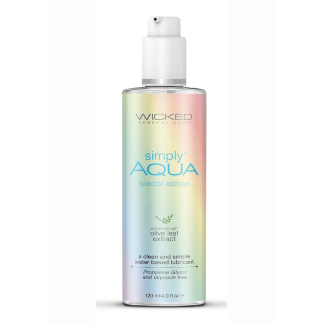 A circle features a green background with the text 'No Image' at the top, displaying a white icon of a rocket orbiting a small planet, surrounded by stars. This design is part of the Simply Aqua Special Edition 4oz product that supports LGBTQ+ charities w