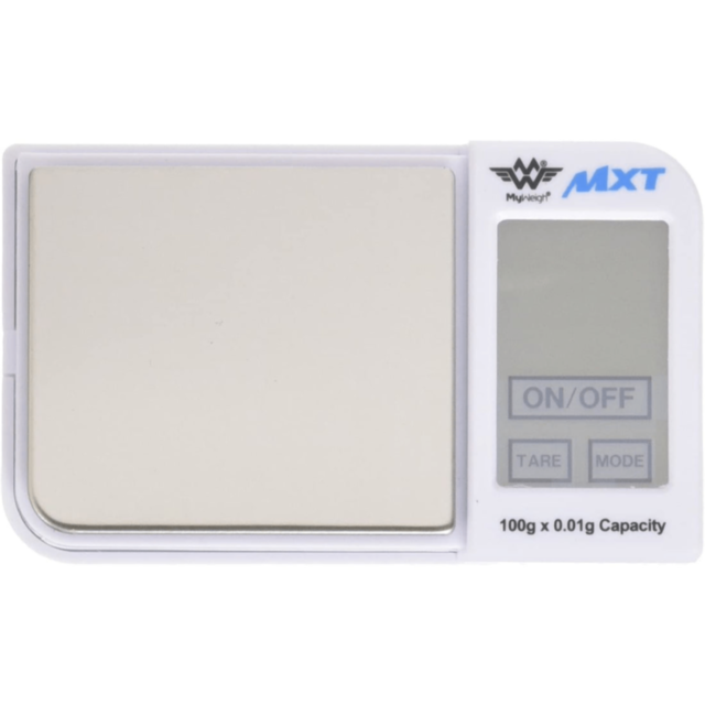 A green background showcasing a placeholder image with a grey rocket icon encased in a circle is visible through a translucent cover. The text "No Image" is elegantly displayed above the rocket for the My Weigh 030 MXT 100gx0.01g.
