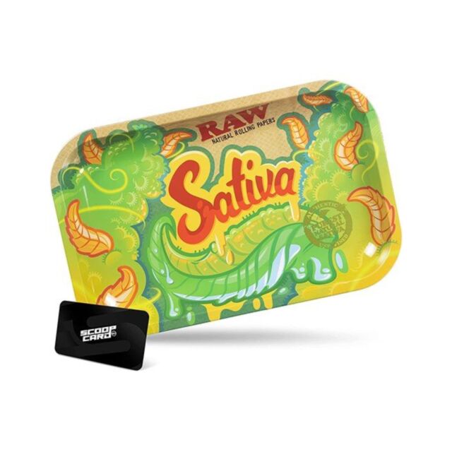 A 11x7 inch rolling tray with a green background showcases a white silhouette of a rocket and stars inside a circle, with "RAW SATIVA" text above the circle.