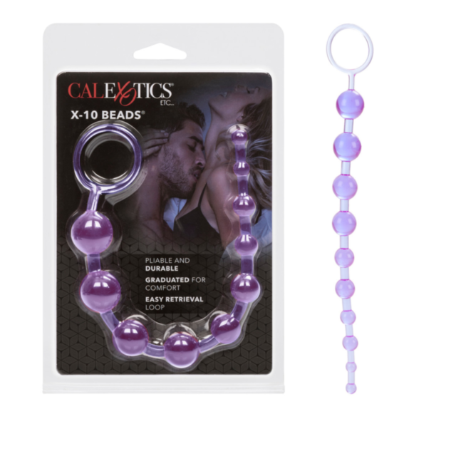 A graphic of a rocket ship launching into space, surrounded by stars, with the text Cal Exotics-X 10 Beads Purple above. Graduated beads twinkle like celestial bodies in the green background.