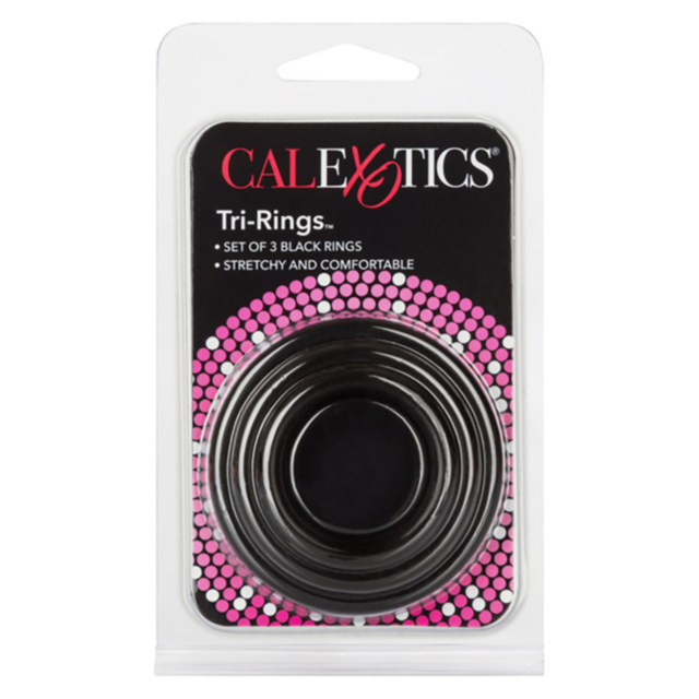 A green and gray placeholder image with the text "No Image" at the top. Below, a simple illustration of a rocket launching into space symbolizes the Cal Exotics Tri Rings Black product's stamina support, encircled by stars.