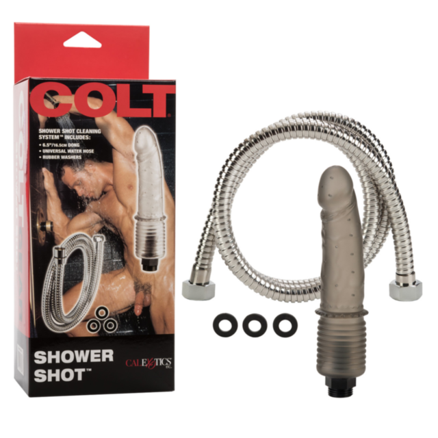 The words "No Image" are set against a green background, above a graphic depicting the Cal Exotics Colt Shower Shot rocket shower attachment flying around a planet surrounded by stars.