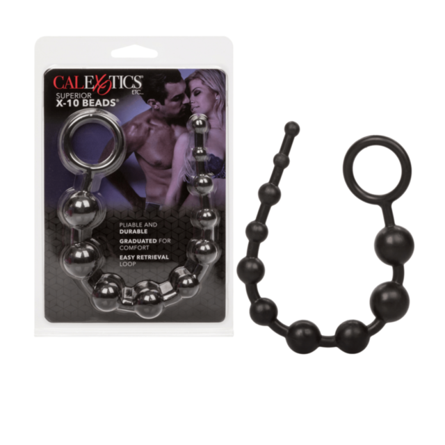 A green image featuring a white rocket icon encircled by stars captures the playful spirit reminiscent of love beads. Above the icon, the text "Cal Exotics Superior X 10 Beads Black" is displayed.
